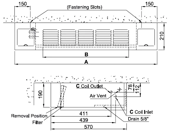 ابعاد فن‌کویل سقفی با کابینت ساران مدل SRFCHE-800